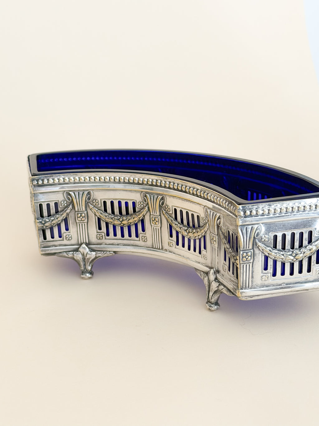 Antique Cobalt Blue Glass & Silverplate Demi-Lune Jardinière | Crescent Centerpiece