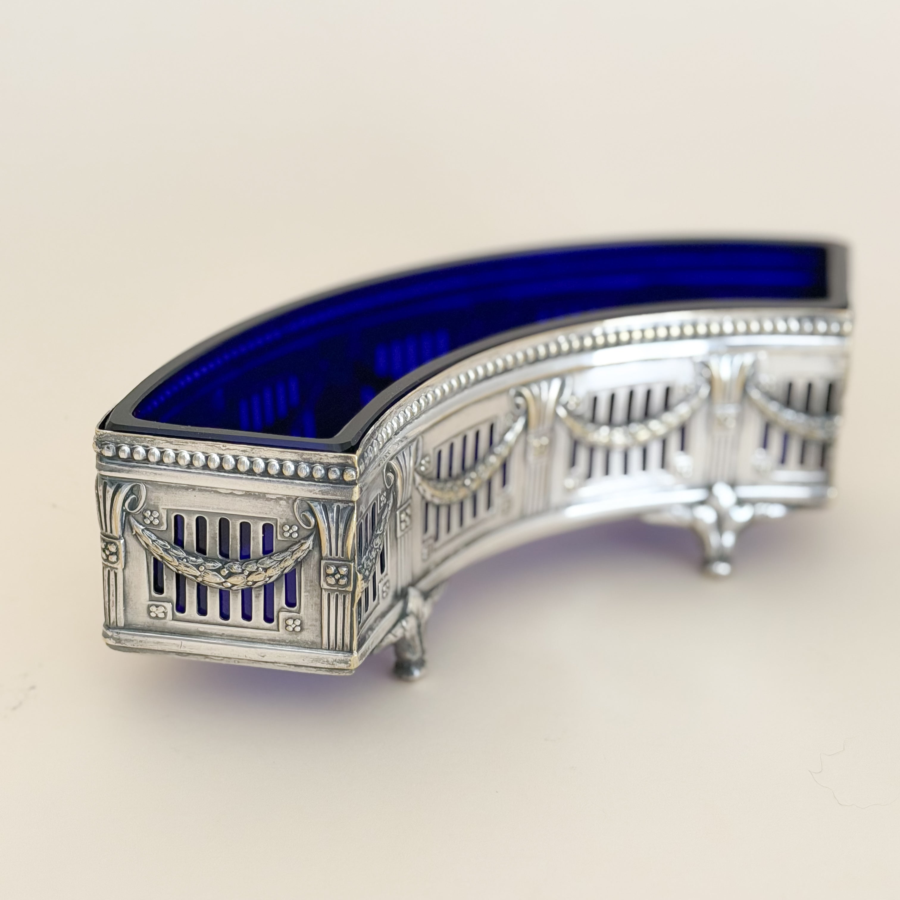 Antique Cobalt Blue Glass & Silverplate Demi-Lune Jardinière | Crescent Centerpiece
