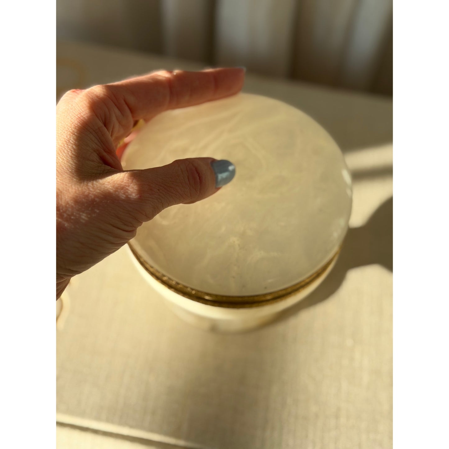 Vintage Alabaster lidded pedestal box with brass ormolu trim