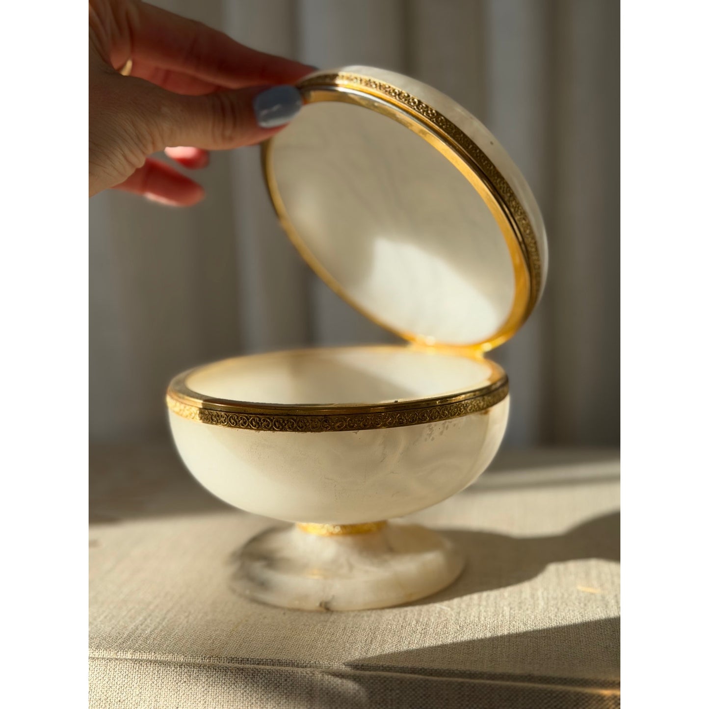 Vintage Alabaster lidded pedestal box with brass ormolu trim