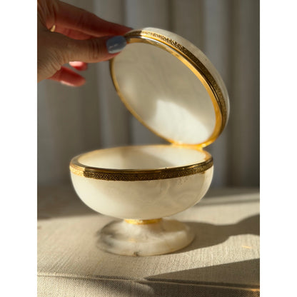 Vintage Alabaster lidded pedestal box with brass ormolu trim